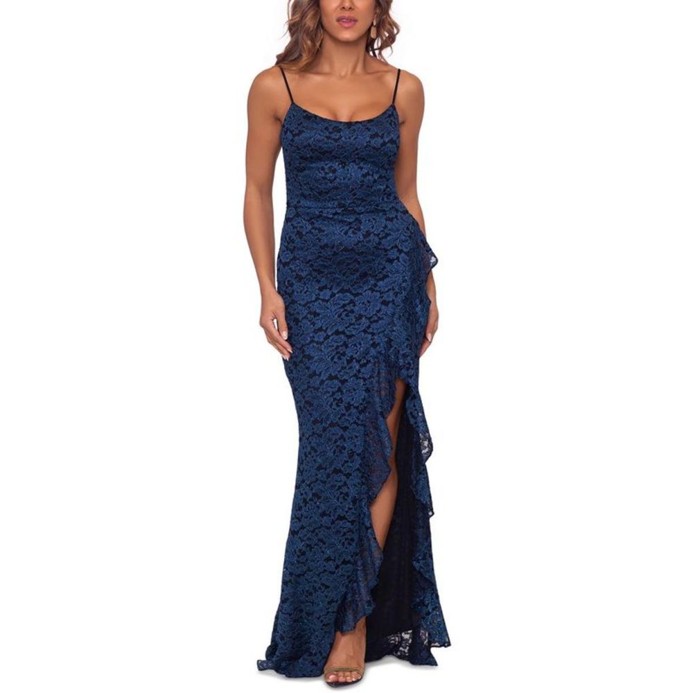 Beautiful Blue Split-Leg Evening Gown. Sparkly with a short train